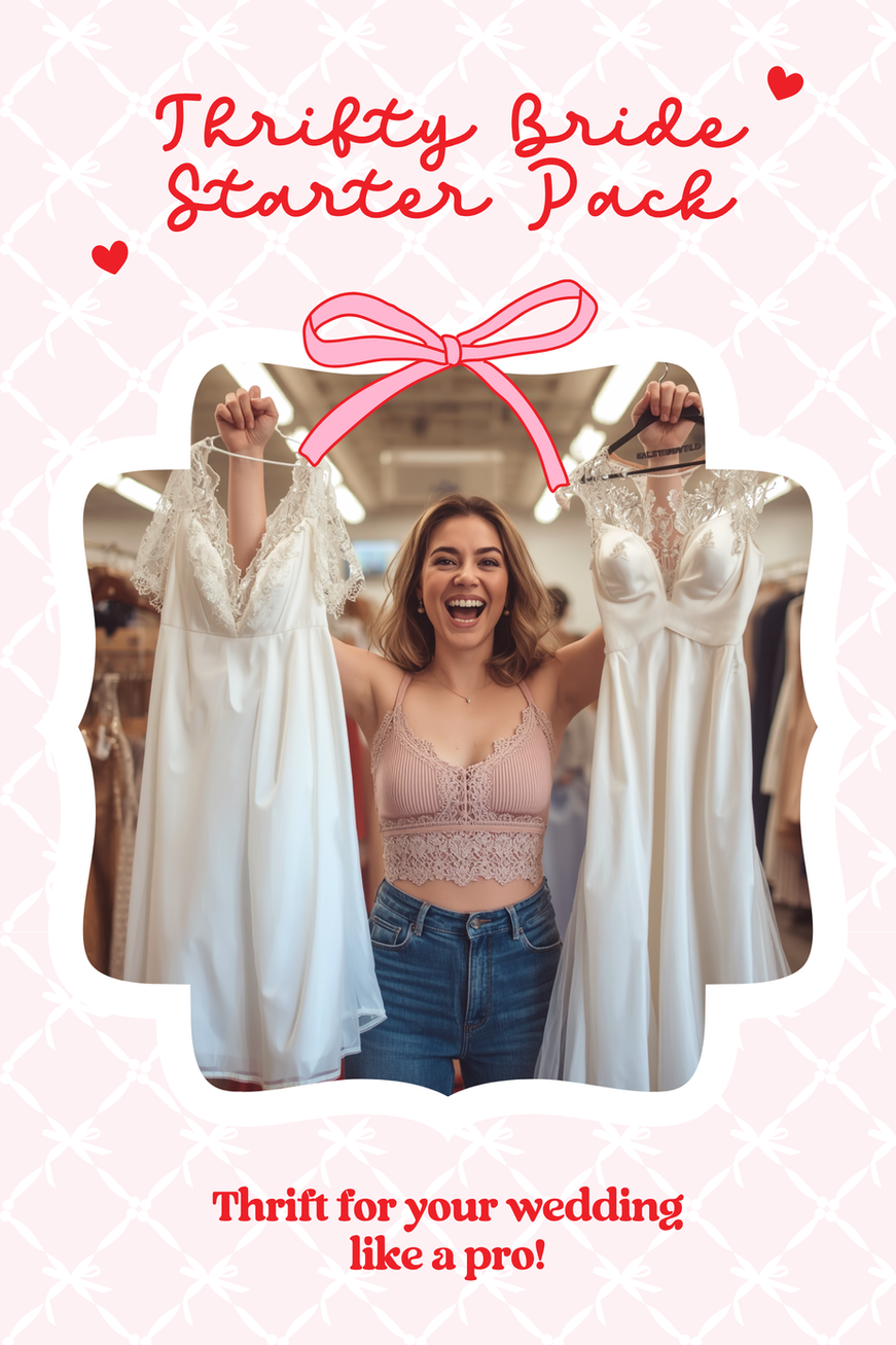 Bride-to-be thrift shopping for wedding dresses with text reading "Thrifty Bride Starter Pack" and tips for planning a romantic budget-friendly wedding