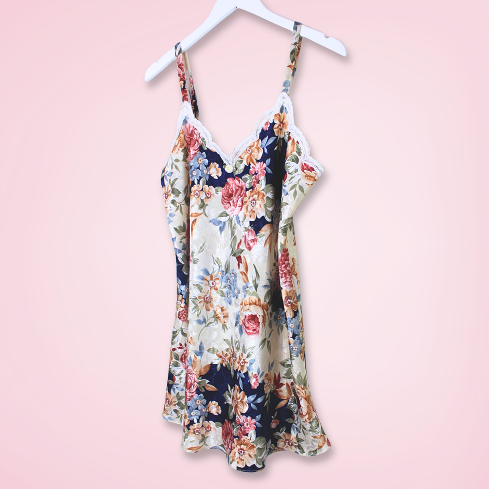 Right front view of vintage L.A. Intimates floral slip with matching floral print