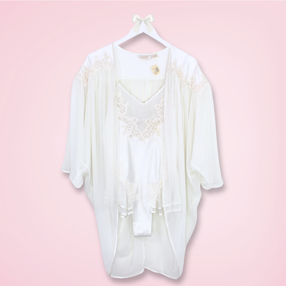 Vintage Victoria’s Secret gold label ivory teddy and chiffon robe set with pearl appliqué, front view – Bloom & Kin Boutique