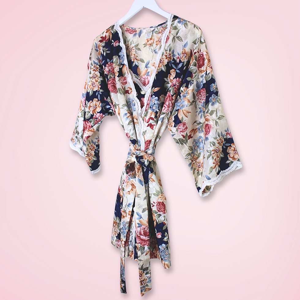 Right front view of vintage L.A. Intimates floral slip and robe set with matching floral print