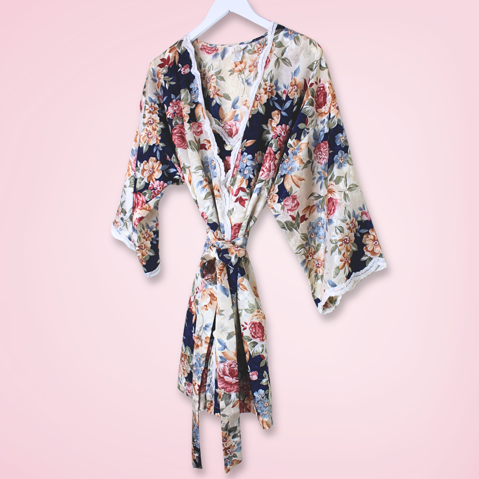 Right front view of vintage L.A. Intimates floral slip and robe set with matching floral print