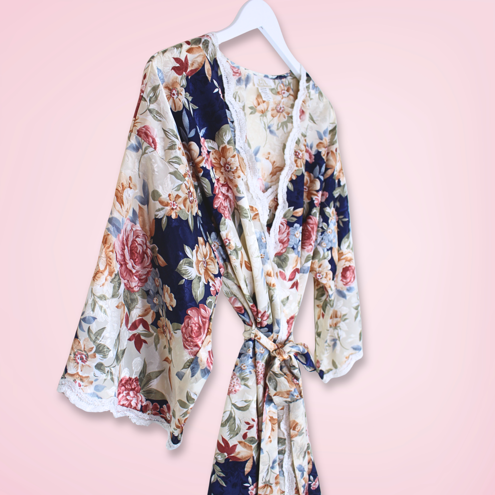 Left front view of vintage L.A. Intimates floral slip and robe set showing flowing wrap robe and floral slip