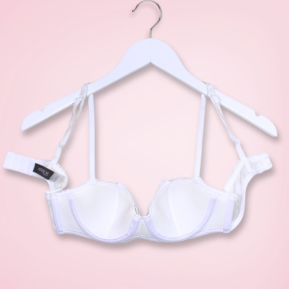 Back view of Adore Me Dolle contour bra with hook-and-eye closure open, white lace 32A
