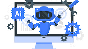 Illustration eines Roboters mit KI- und Werkzeug-Symbolen – Darstellung für den Einsatz von Künstlicher Intelligenz im Onlinehandel.