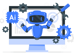 Illustration eines Roboters mit KI- und Werkzeug-Symbolen – Darstellung für den Einsatz von Künstlicher Intelligenz im Onlinehandel.