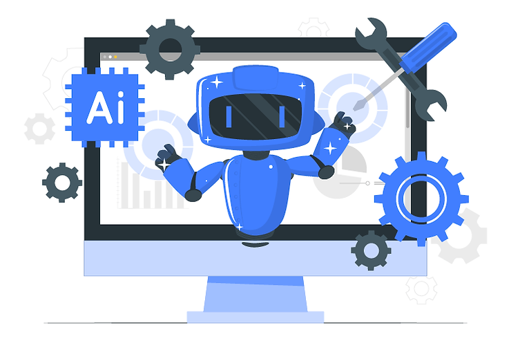 Roboter mit KI- und Werkzeug-Symbolen – Darstellung für den Einsatz von Künstlicher Intelligenz im Onlinehandel.
