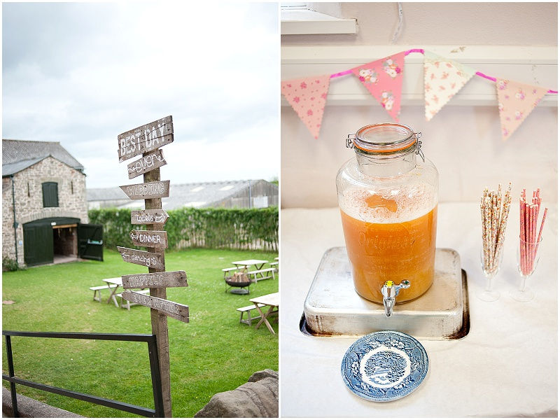 homamde wooden sign and fruit juice with colourful straws for a rustic wedding at Lyde Court wedding venue Herefordshire
