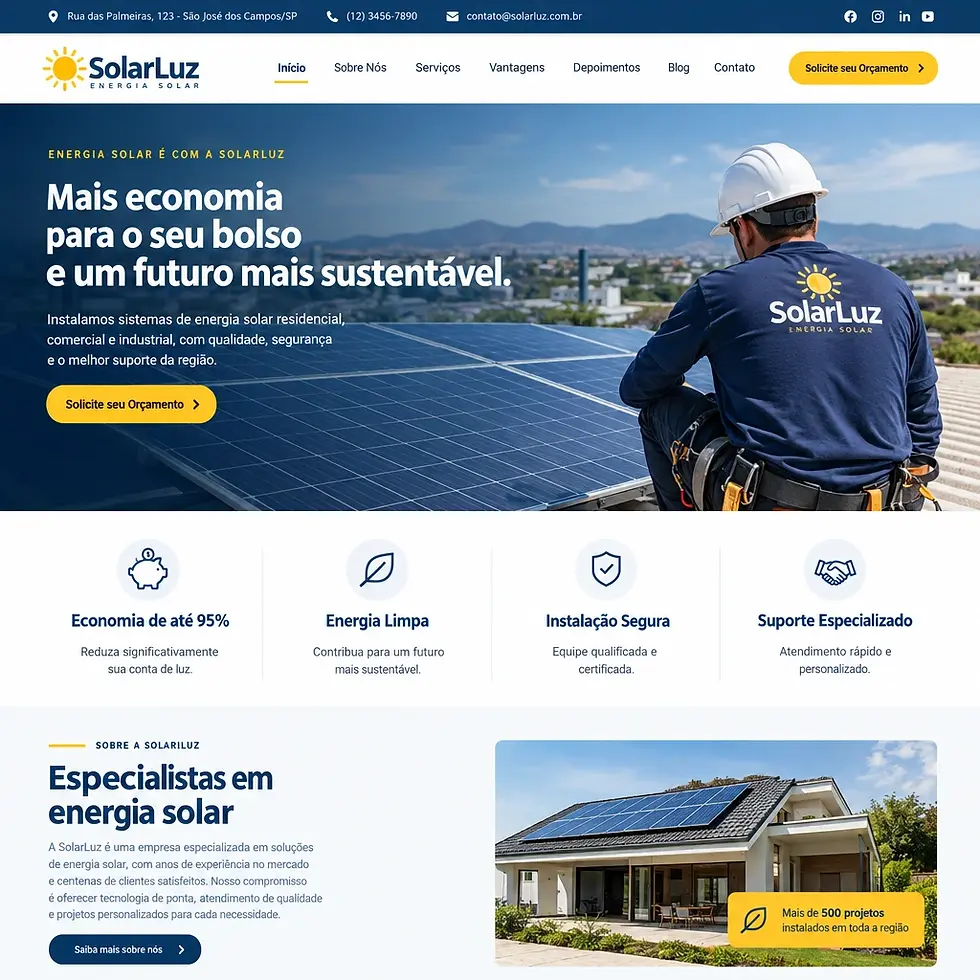 Digital website capture showcasing a solar energy company landing page with a technician on a roof and service icons. Professional corporate design with a clean, grid-based layout.