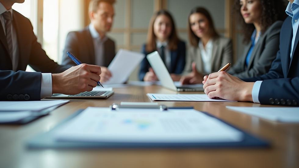 Eye-level view of a negotiation meeting with documents and laptops on a table