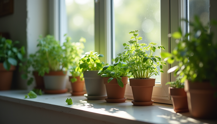 High angle view of a kitchen windowsill with small pots of herbs and leafy greens