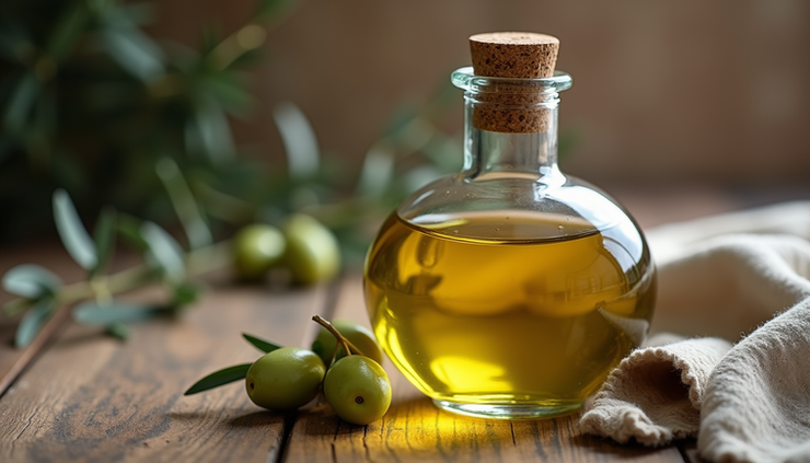Close-up view of a glass bottle filled with golden extra virgin olive oil on a wooden table