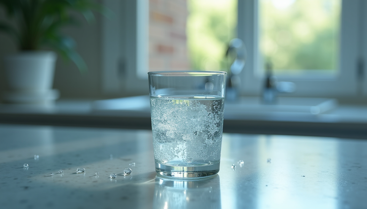Eye-level view of a glass of water with fluoride drops being added