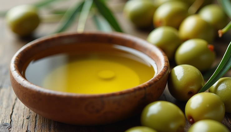 Close-up view of a small bowl of golden extra virgin olive oil with fresh olives nearby