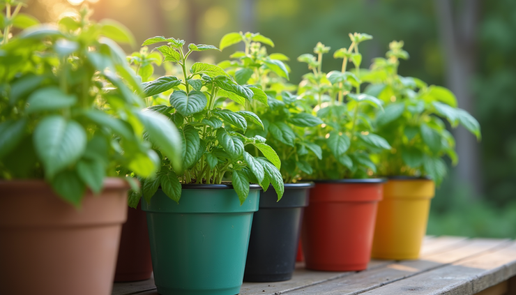 Close-up of a variety of fresh herbs growing in colorful pots on a wooden outdoor table