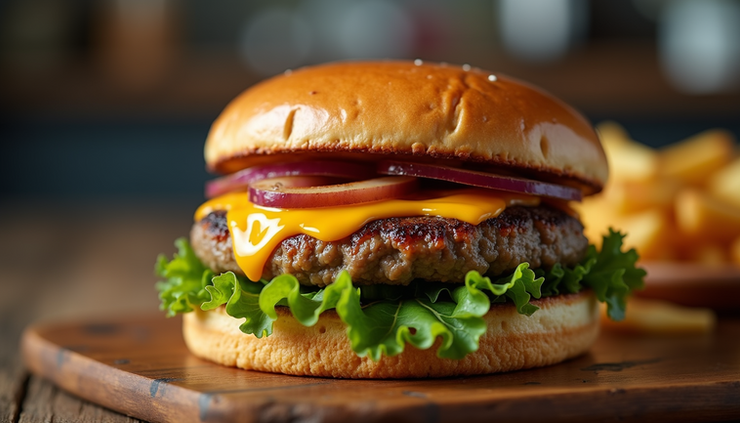 Eye-level view of a grilled lentil and mushroom burger with melted cheese