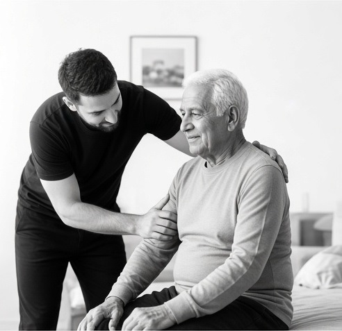 Physiotherapist helping an elderly man with home exercises