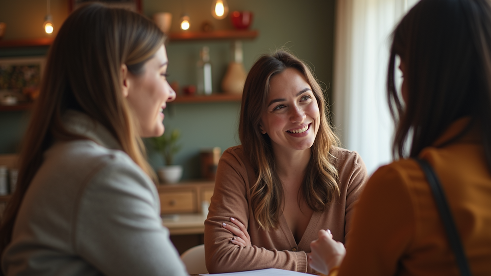 Eye-level view of a group of women sharing stories in a cozy setting