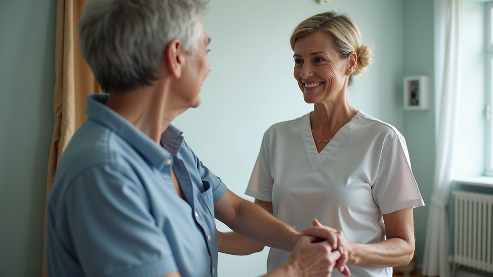 Eye-level view of a physiotherapist guiding a Parkinson's patient through balance exercises