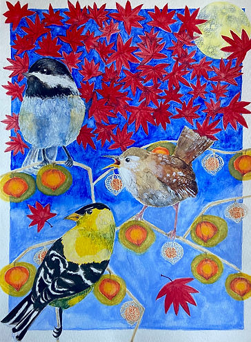 Goldfinch, Wren and Chickadee, 12" by 9", Watercolor & colored pencil
