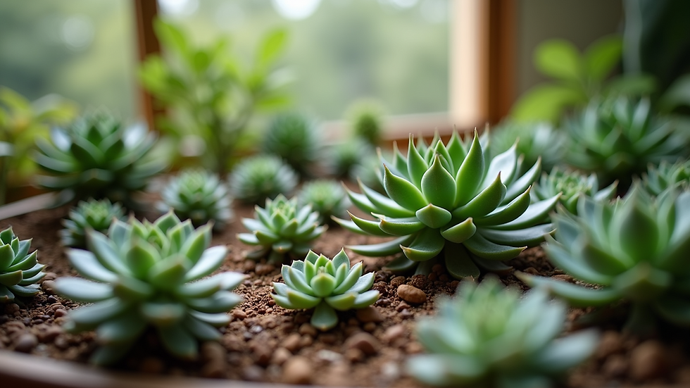 Eye-level view of a small indoor garden filled with succulents