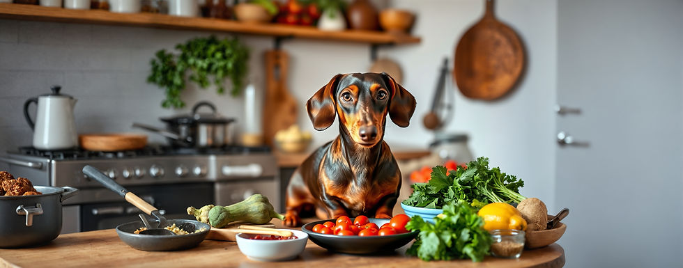 dark brown dachsund dog in a kitchen with lots of fresh ingredients.jpg