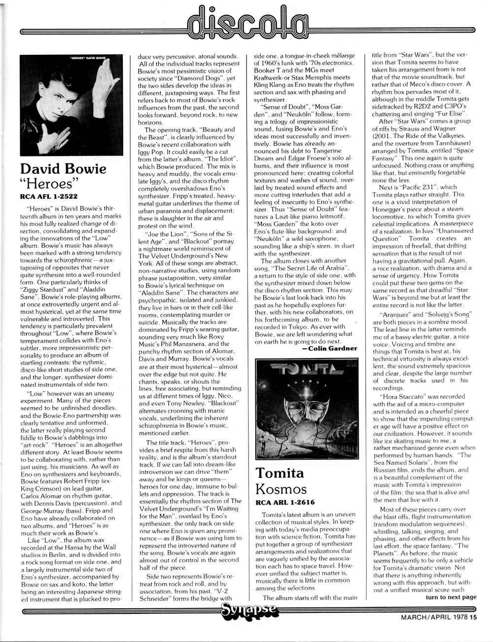 Column - Discola - Record reviews of Heroes by David Bowie and Tomita's Kosmos in Synapse Magazine.