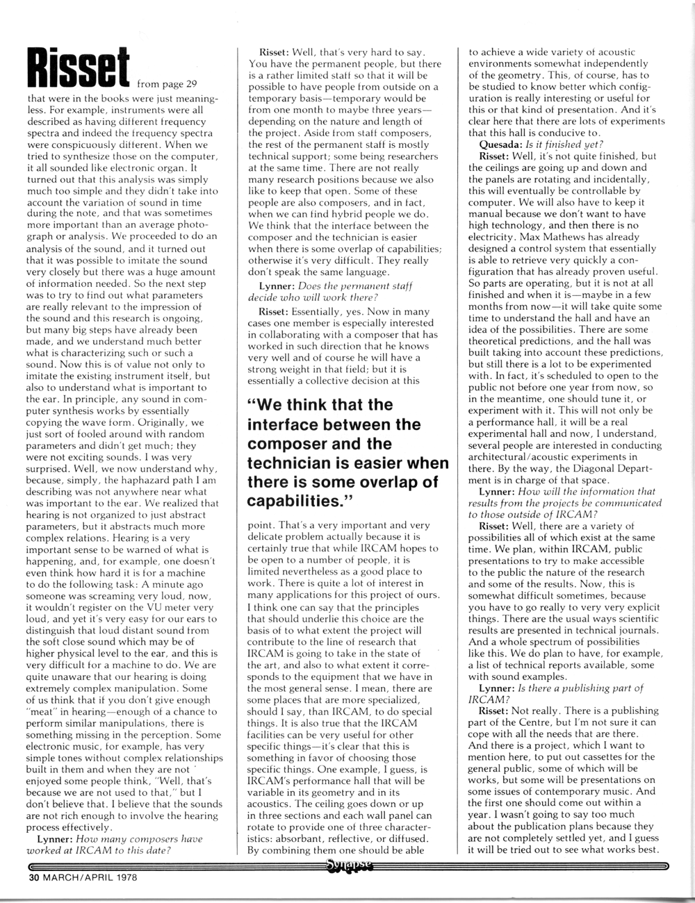 A talk with Jean-Claude Risset of IRCAM. Synapse - International Electronic Music.