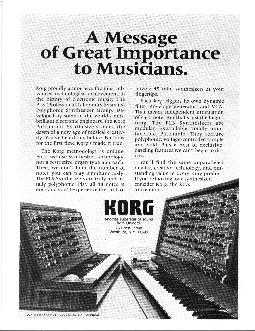 Ad for Korg Polyphonic Systems Group in Synapse: International Electronic Music.