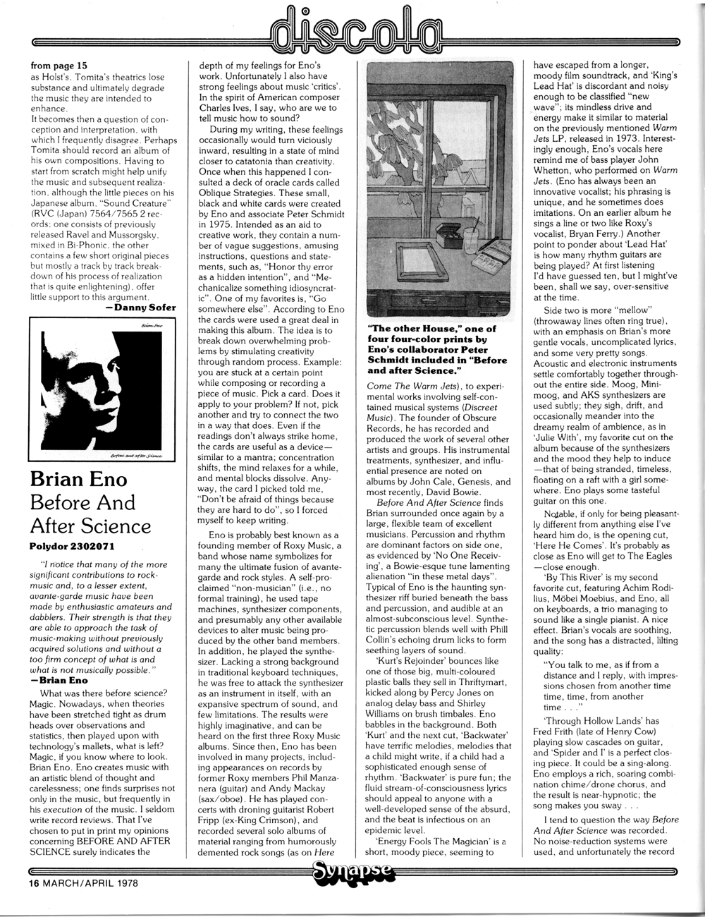 Column - Discola - Record review of Brian Eno's Before and After Science in Synapse Magazine - International Electronic Music.
