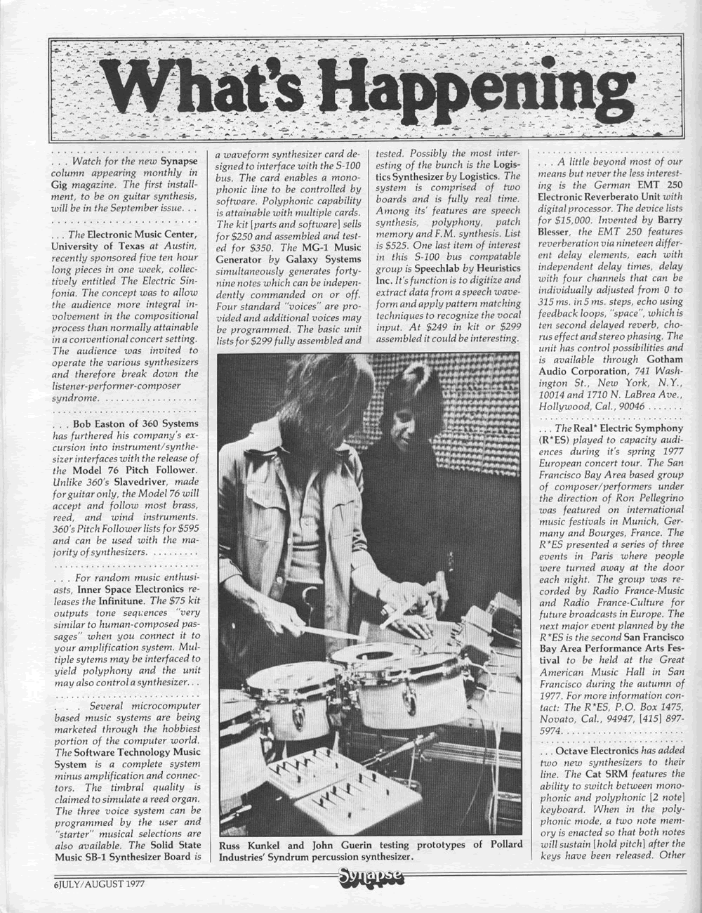 What's Happening Column from Synapse Magazine July/August 1977 covering new equipment and events in electronic music. Pollard Industries Syndrum is pictured.