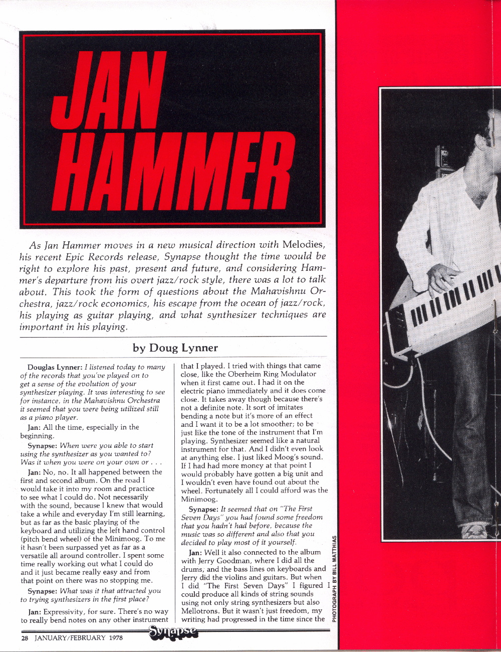 Synapse Magazine interview with synthesizer keyboard playerJan Hammer by Doug Lynner
