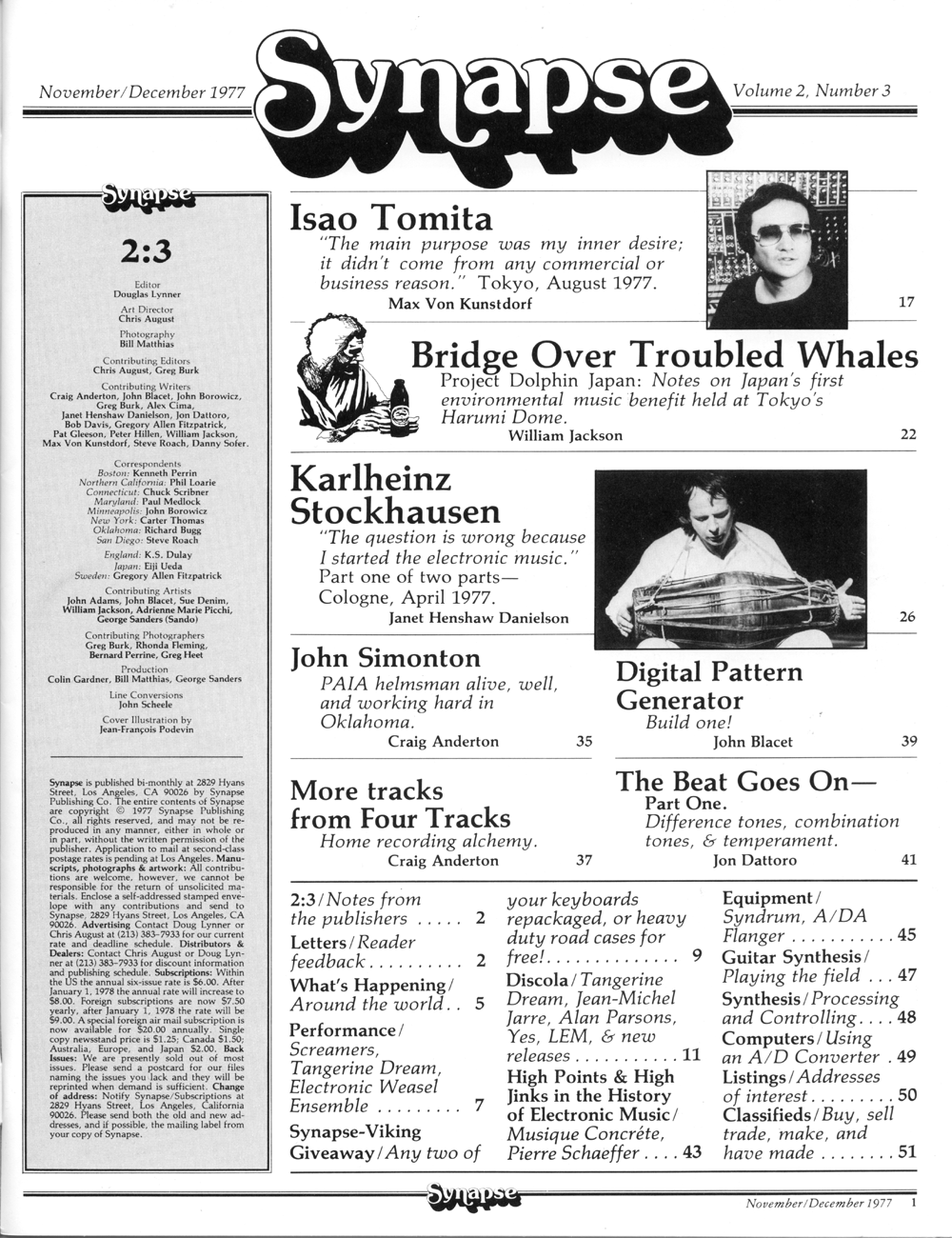 Table of Contents: Nov-Dec 1977 issue of Synapse: Internation Electronic Music. Tomita, Stockhausen, Simonton.