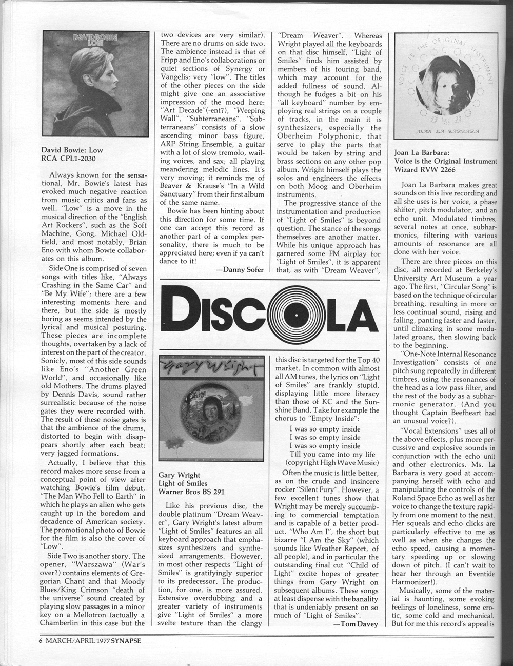 David Bowie Low, Gary Wright Light of Smiles, Joan La Barbara Voice Is the Original Instrument reviews in Synapse Magazine.