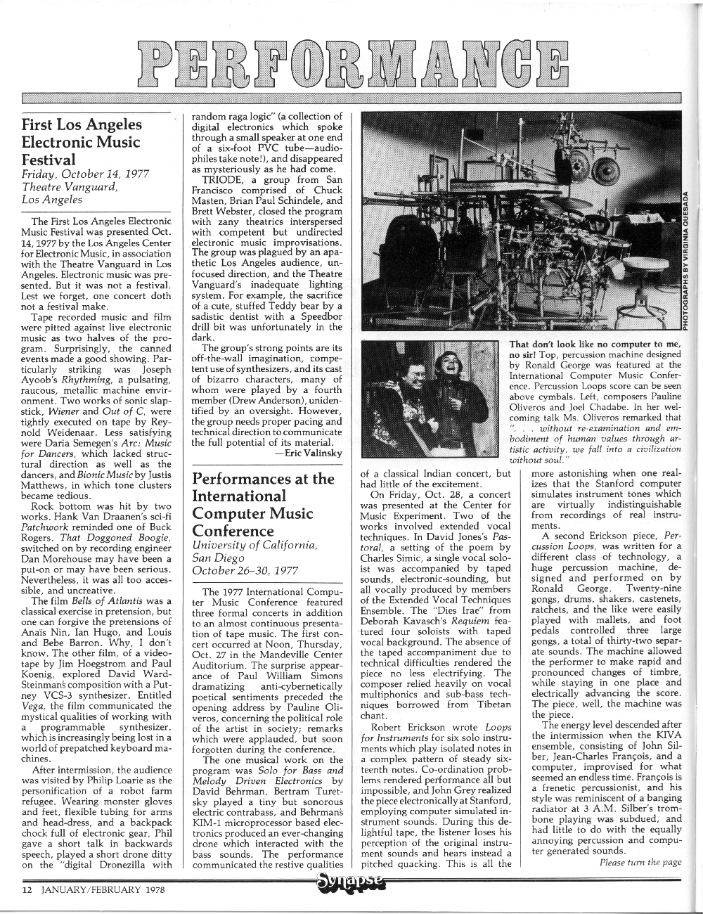 Performance Reviews of First Los Angeles Electronic Music Festival and the International Computer Music Festival.