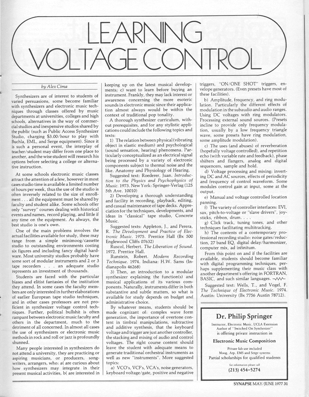 Learning Voltage Control. Synapse is a electronic music and synthesizer magazine.