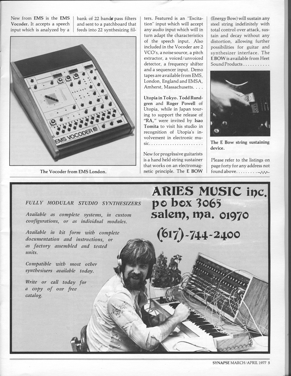 Aries Music Inc. modular synthesizer ad. What's Happening Column. EMS Vocoder. E Bow.