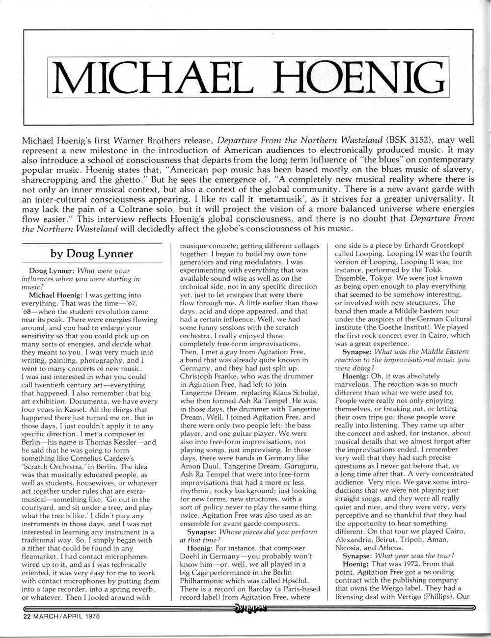 Synapse magazine interview with Michael Hoenig by Doug Lynner discussing electronic music and synthesizers.