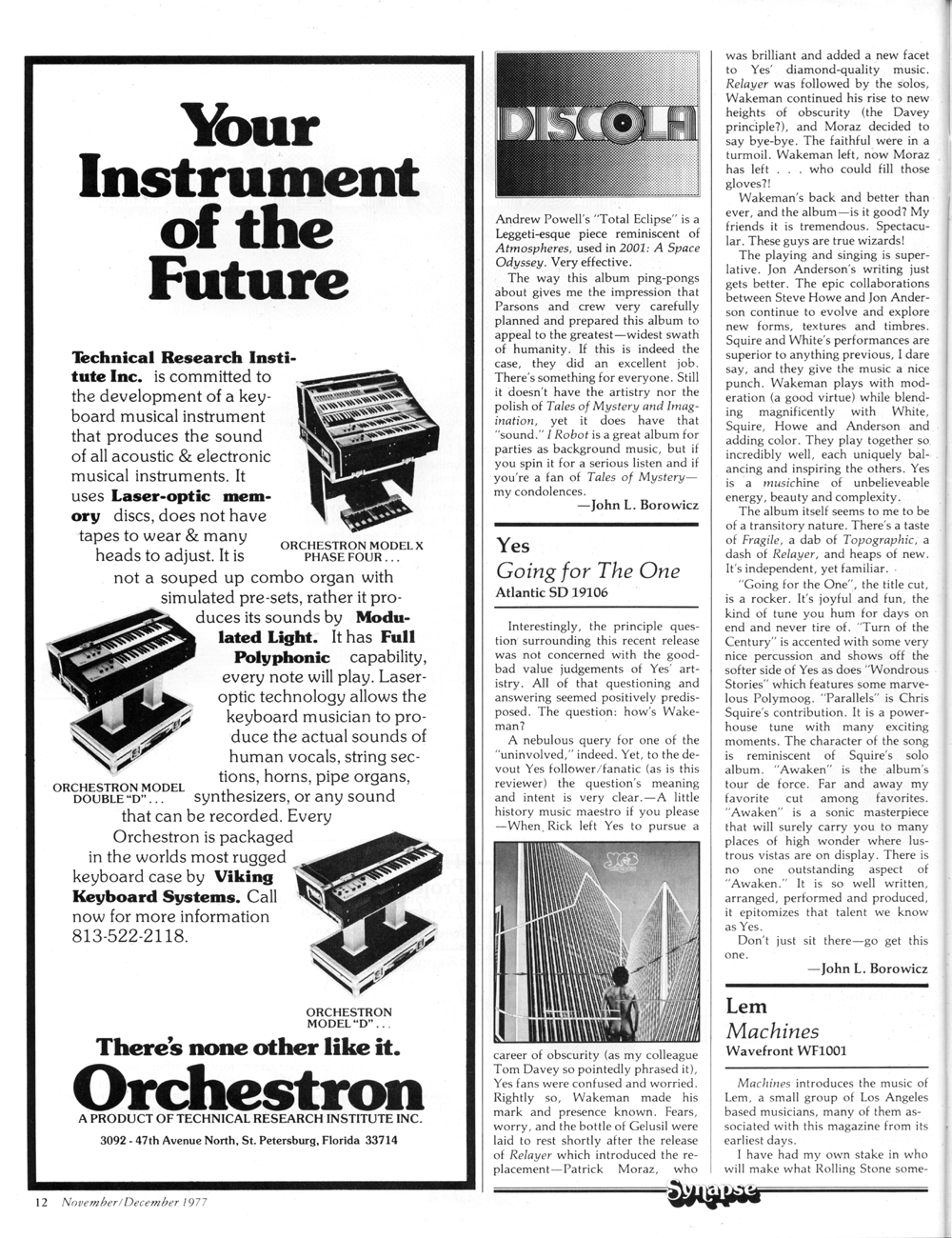 Orchestron ad. LEM and Yes record reviews.