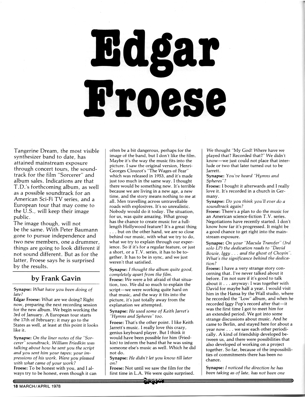 Synapse Magazine Interview with Edgar Froese of Tangerine Dream. Synthesizers and electronic music.