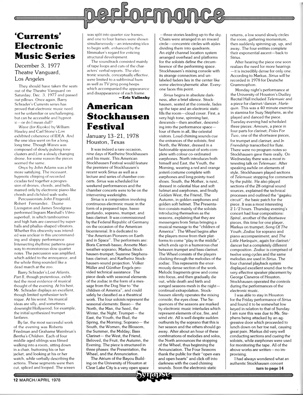 Column - Performance Reviews - American Stockhausen Festival and Currents Electronic Music Series in Synapse - International Electronic Music