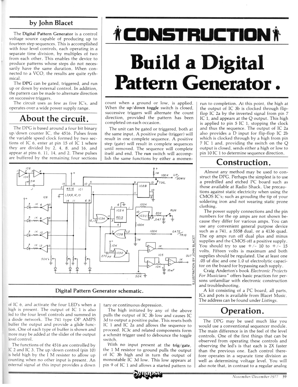 Synthesizer DIY - Build a Digital Pattern Generator by John Blacet.