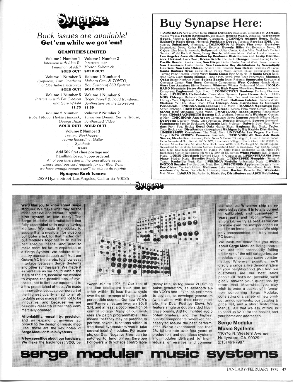 Serge Modular Music System ad in Synapse Magazine.