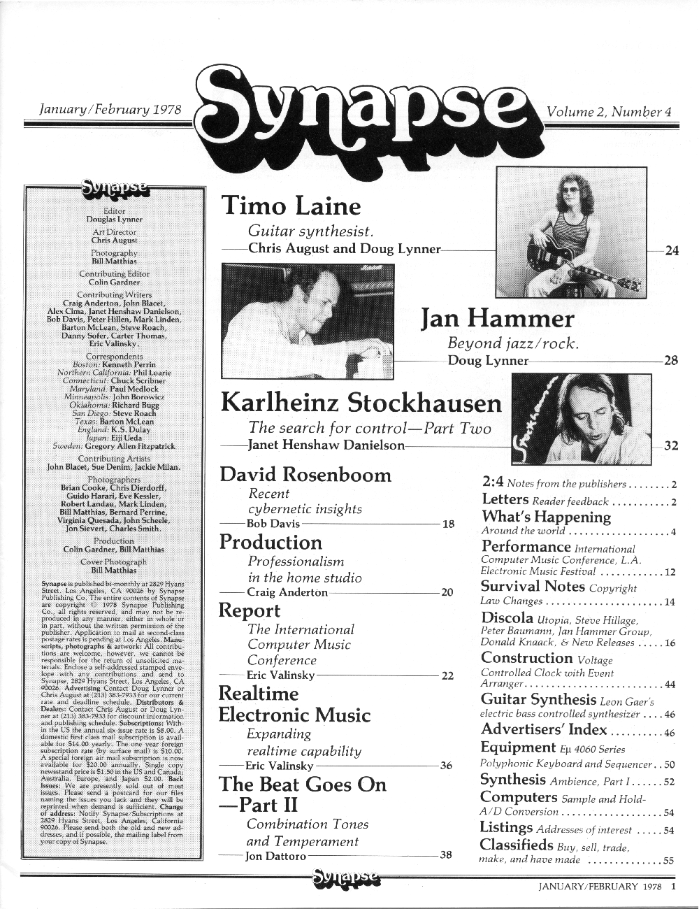 Synapse Jan-Feb 1978 interviews with Jan Hammer, Stockhausen, Timo Laine