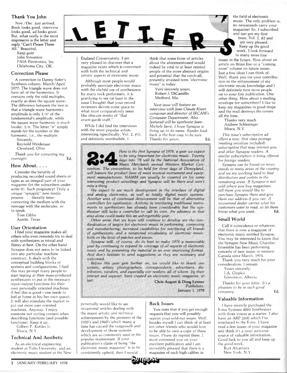 Letters coluymn, Synapse Magazine, January/February 1978 issue IntenAtional Electronic Music