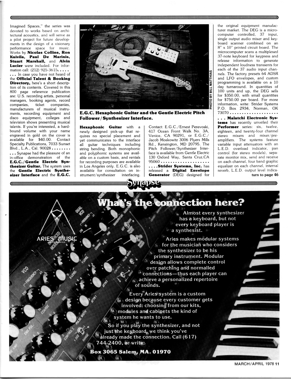 Vintage synthesizer advertisement - Aries Music in Synapse Magazie. Electronic music and synthesizers.