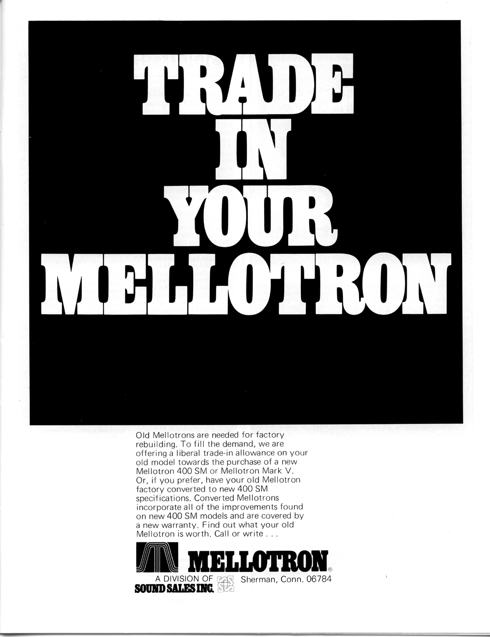 Vintage Keyboard Advertisement - Mellotron - Trade in Your Mellotron in Synapse Magazine - International Electronic Music.