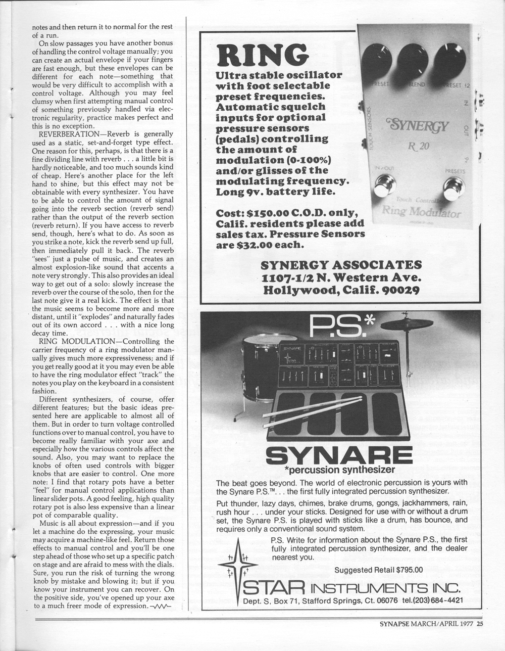 Vintage synthesizer ads for Synare Percussion Synthesizer and Synergy Associates Rings.