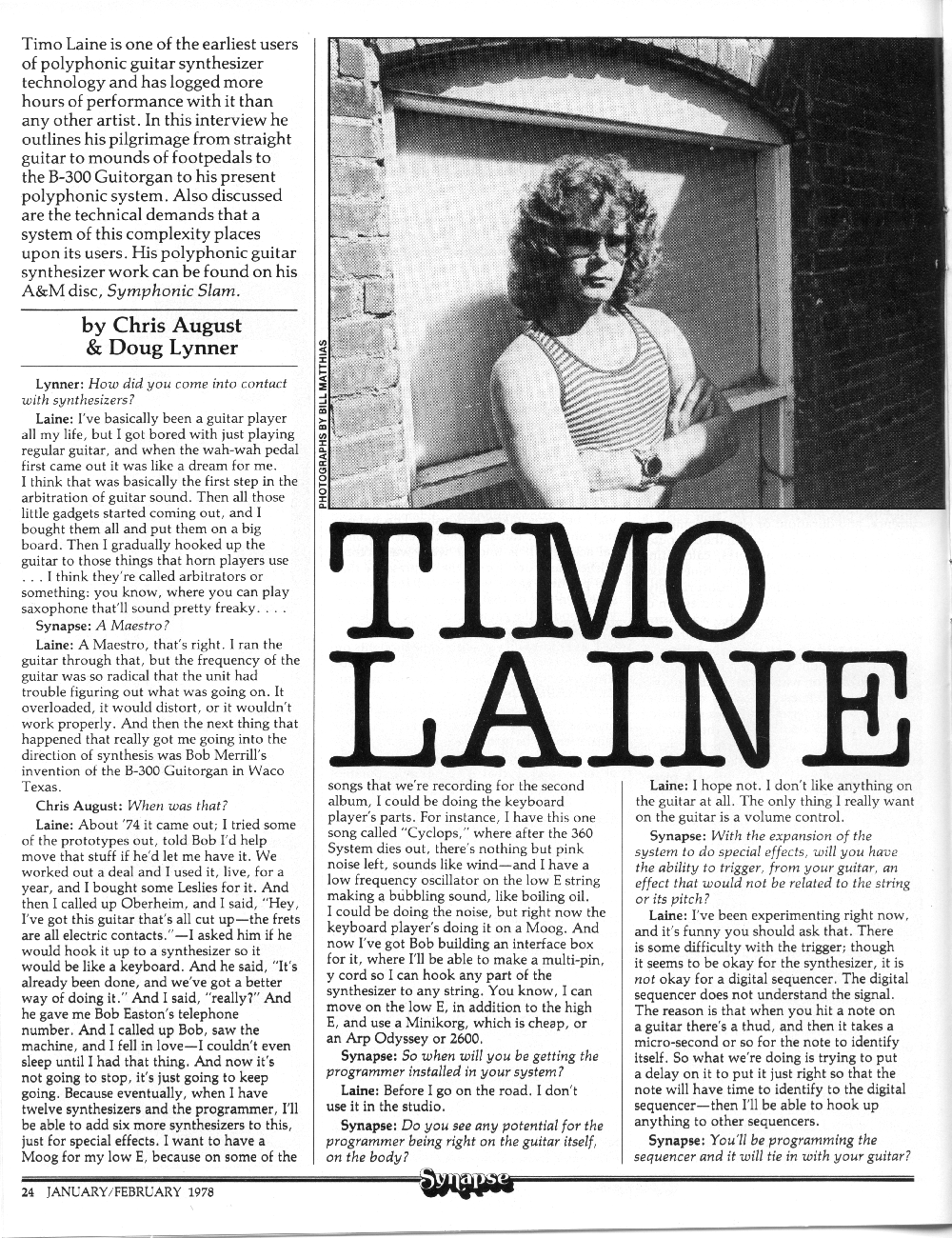 Interview with Timo Laine, guitar synthesist in Synapse Magazine.