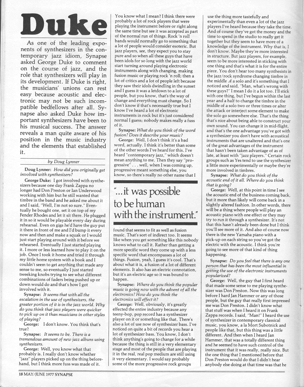 Synapse interview with George Duke by Doug Lynner. 