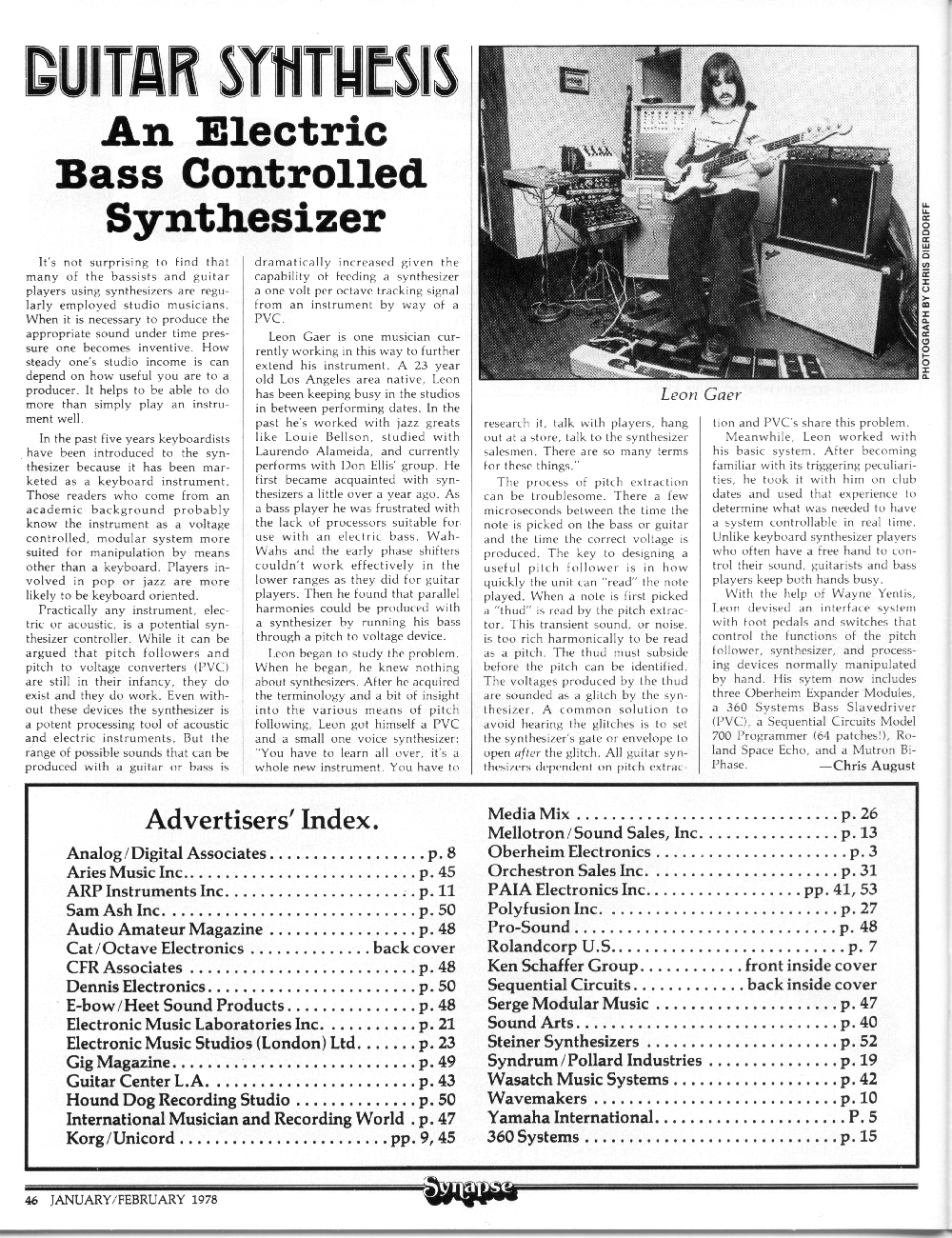 Article: Guitar Synthesis - An Electric Bass Controlled Synthesizer. Synapse the Electronic Music Magazine.